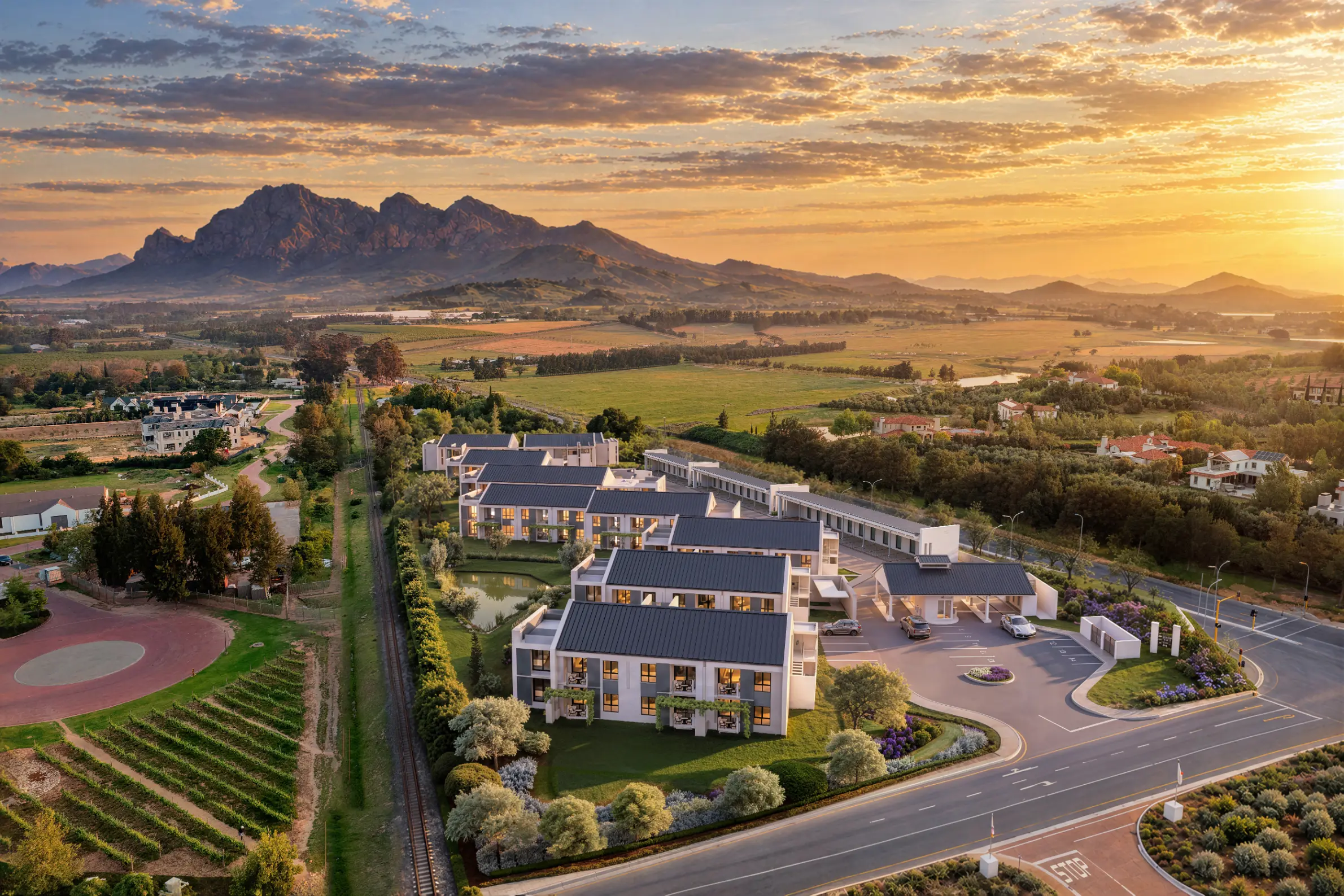Artist’s impression of Vivante apartments surrounded by vineyards and mountains at sunset